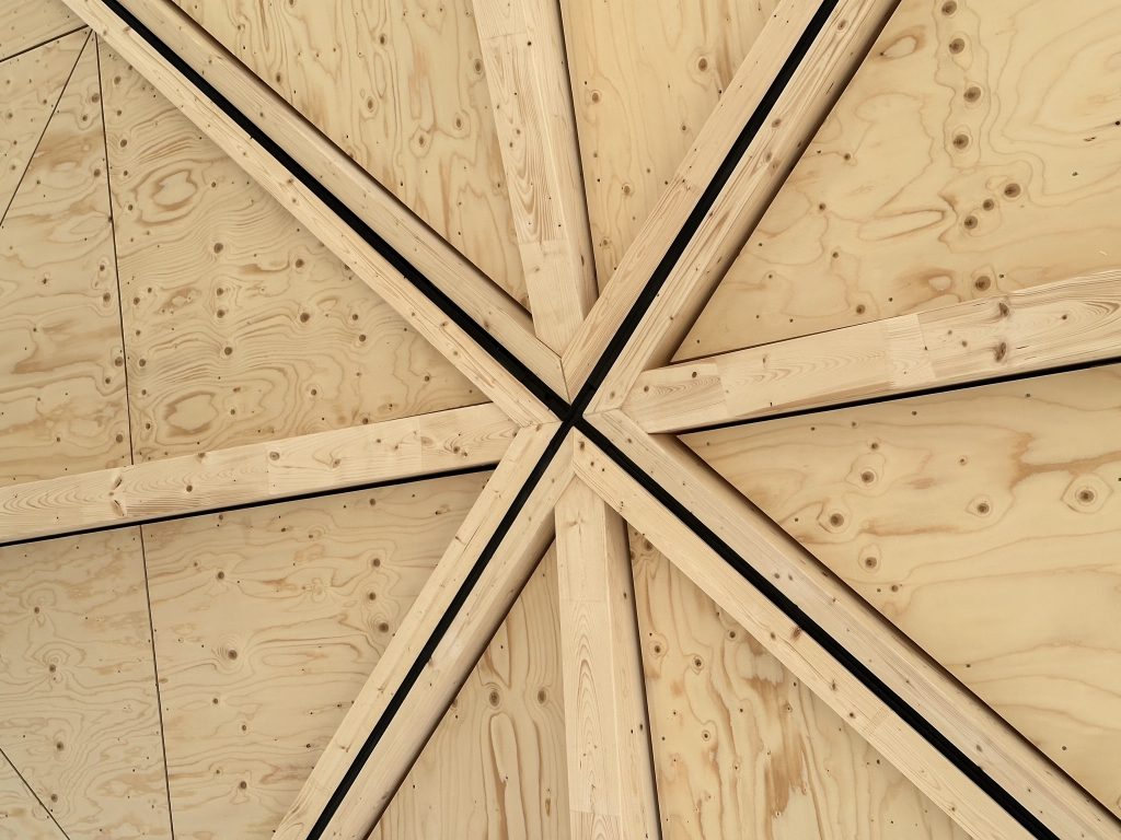 Beams of four canopies neatly cross at a quadripoint of timber canopies. Glulam project by ZAZA TIMBER